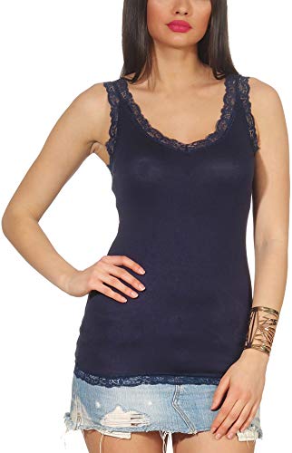 StyleLightOne Damen Träger Tank Top dünn mit Spitze Stretch Basic leicht transparent, Navy Blau 36-38 (S) von StyleLightOne