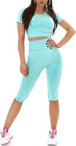 StyleLightOne Damen Fitness-Set Sport Zweiteiler Crop-Top Kurzarm T-Shirt bauchfrei High-Waist Leggings Radlerhose, Blaugrün von StyleLightOne