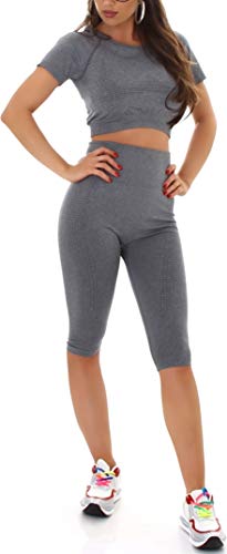 StyleLightOne Damen Fitness-Set Sport Zweiteiler Crop-Top Kurzarm T-Shirt bauchfrei High-Waist Leggings Radlerhose, Grau von StyleLightOne