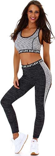 StyleLightOne Damen Fitness Set Sport Zweiteiler Freizeit Zweifarbig Stretch High-Waist Crop-Top Leggings Racerback, One Size 34-36 XS - S, Grau von StyleLightOne