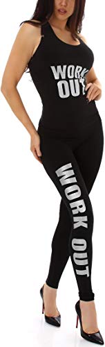 StyleLightOne Damen Fitness Set Sport Zweiteiler Tanktop Leggings Glitzer Work-Out Aufdruck Freizeit Racerback, OneSize 36, Silber von StyleLightOne