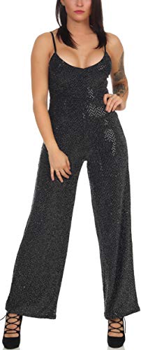 StyleLightOne Damen Glitzer Overall Jumpsuit Onesie Pailletten Schlaghose Träger Silvester Tanzhose Clubwear, Schwarz 38/40 (L) von StyleLightOne