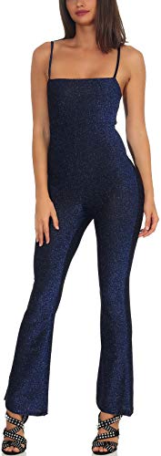 StyleLightOne Damen Glitzer Overall Jumpsuit Onesie Reißverschluss Schlaghose Träger Sylvester Tanzhose Clubwear, Blau 36/38 (M) von StyleLightOne