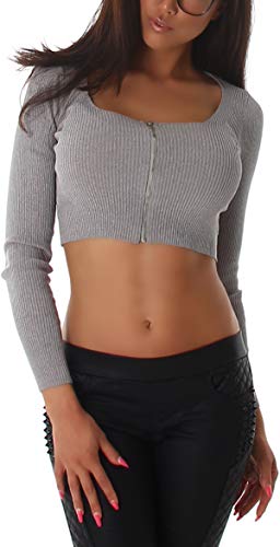 StyleLightOne Damen Langarmshirt Crop-Top dünn Reißverschluss Stretch sexy bauchfrei, Grau von StyleLightOne