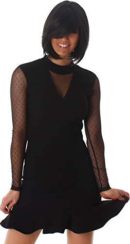 StyleLightOne Damen Minikleid Netz Stretch Volant Clubwear Party Cocktail Gala transparent V-Ausschnitt, Black 34 (S) von StyleLightOne