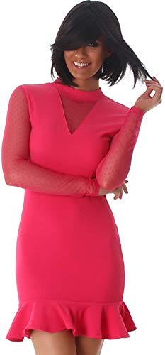 StyleLightOne Damen Minikleid Netz Stretch Volant Clubwear Party Cocktail Gala transparent V-Ausschnitt, Pink 36 (M) von StyleLightOne