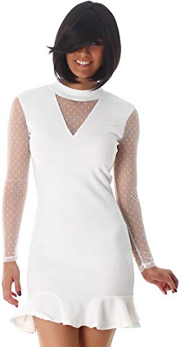 StyleLightOne Damen Minikleid Netz Stretch Volant Clubwear Party Cocktail Gala transparent V-Ausschnitt, White 36 (M) von StyleLightOne