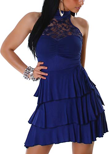 StyleLightOne Damen Neckholder Abendkleid Spitze Rückenfrei transparent Party Plissee Raffung Mandarin Stretch Cocktail, Blau 36 38 (M/12) von StyleLightOne