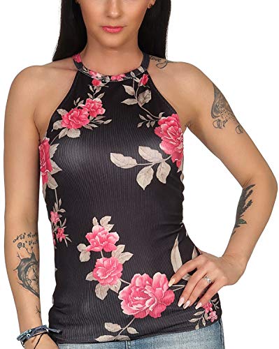 StyleLightOne Damen Neckholder Top Racerback ärmellos Geblümt Stretch gerippt, Schwarz Pink S 36 von StyleLightOne