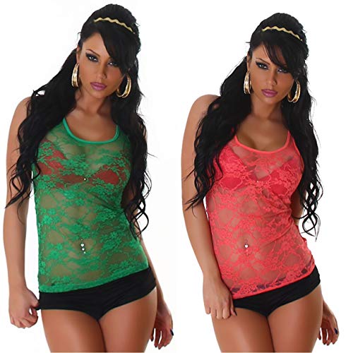 StyleLightOne Damen Sommer Tank-Top Transparent Spitze Geblümt Stretch Party Clubwear Rave, Set Apricot + Grün 34 36 von StyleLightOne