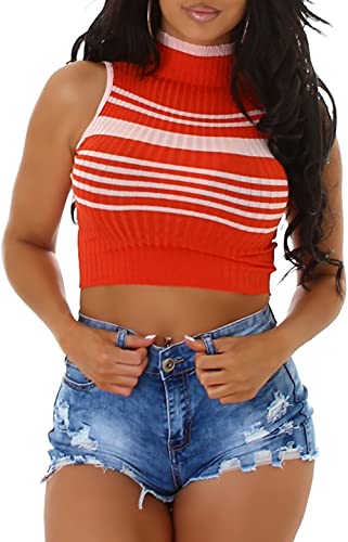 StyleLightOne Damen Streifen Top Feinripp Cropped bauchfrei ärmellos, Rotorange von StyleLightOne