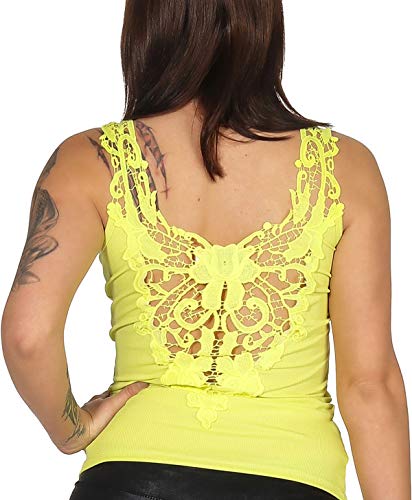 StyleLightOne Damen Tank-Top Häkel-Spitze Sommer Stretch Rücken-Dekolleté rückenfrei durchsichtig RIPP-Optik, Gelb 38 (M) von StyleLightOne