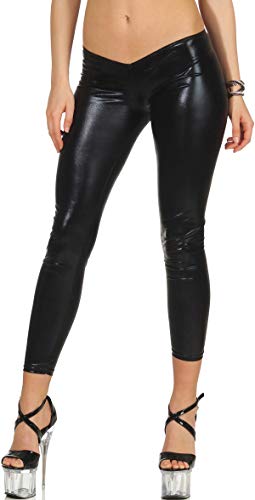 StyleLightOne Damen Wetloook Leggings Skinny GoGo Stretch Glossy metallic Low Waist niedriger Bund Hüfthose Clubwear Party, Schwarz 34 36 von StyleLightOne