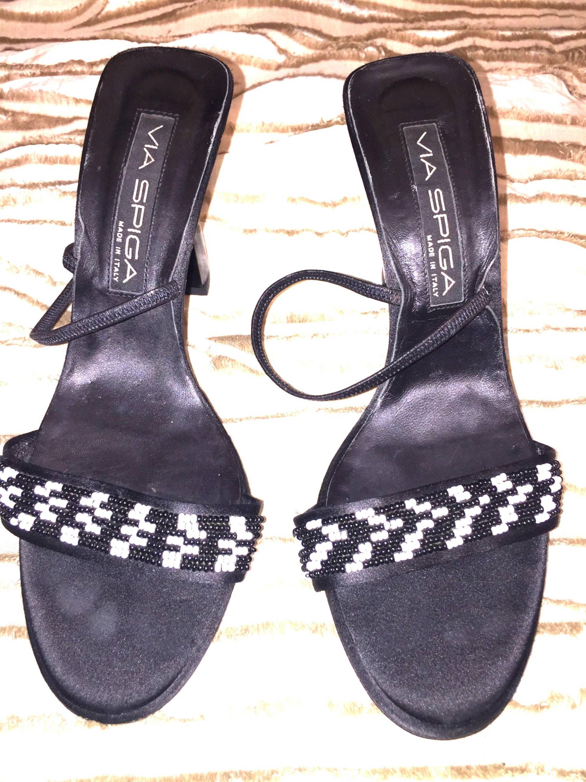 Atemberaubende Vintage Über Spiga Heels Pumps Schuhe Abend Weichsten Leder Italien 8, 5 Folien Strappy Must Schwarz Weiß Perlen Chevron von StyleSourceNYC