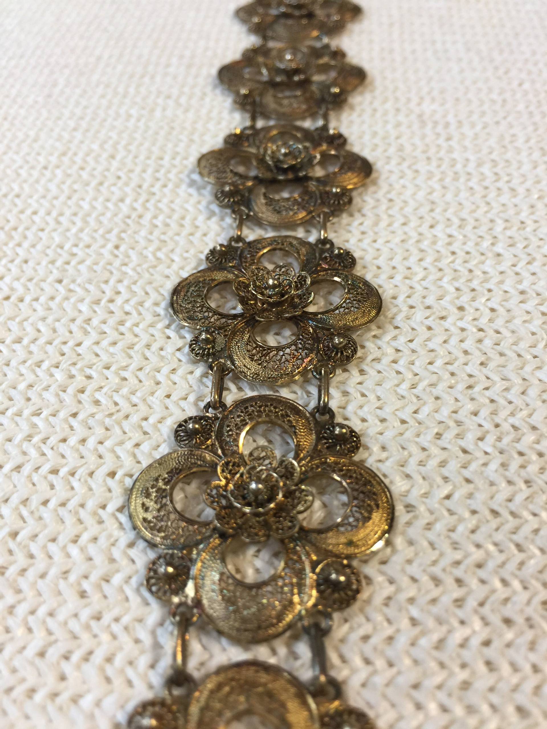 Vintage Antik Sterling Filigrane Blumen Armband Geschichte Rose Gold Wash Vermeil Cuff Spun Bead Caviar Panel Link von StyleSourceNYC