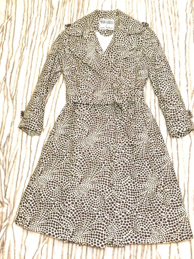 Vintage Regen Mantel Jacke Trenchcoat Kleid Retro Celestial Abstrakt Print Creme Braun Bronze Gefüttert von StyleSourceNYC
