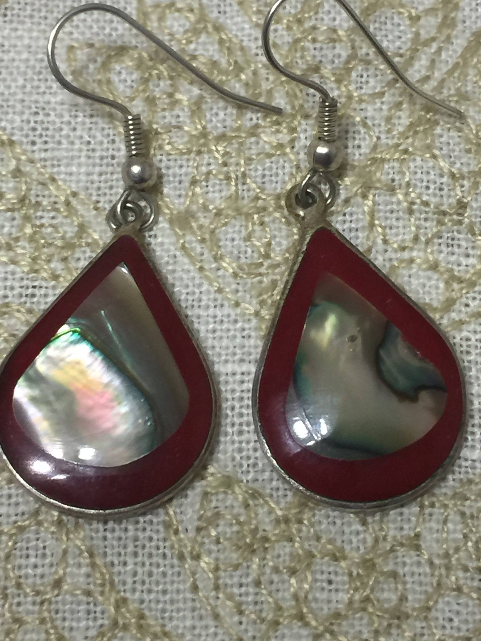 Vintage Sterling Silber Abalone Emaille Ohrringe Teardrop Inlay Charm Mexico Signiert Baumeln Cabachon Bezel Set Metallic von StyleSourceNYC