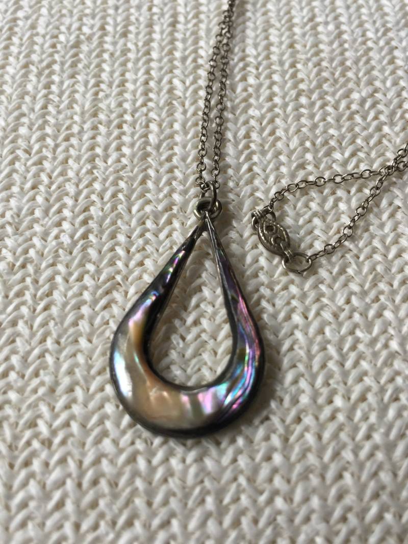 Vintage Taxco Mexiko Sterling Abalone Teardrop Anhänger Halskette von StyleSourceNYC