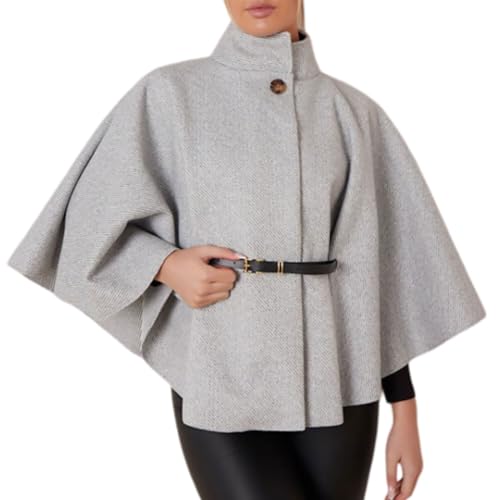 Damen Batwing Cape Mantel mit Gürtel - High Neck Kragen Knopf Cardigan Cloak Style - Elegant Look Outerwear Flared Fit für Herbst und Winter Saison, grau, Einheitsgröße von StyleWear