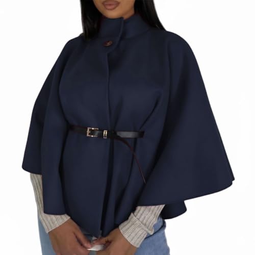 Damen Batwing Cape Mantel mit Gürtel - High Neck Kragen Knopf Cardigan Cloak Style - Elegant Look Outerwear Flared Fit für Herbst und Winter Saison, navy, Einheitsgröße von StyleWear