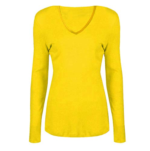Damen Langarmshirts Tops V-Ausschnitt T-Shirt Damen Einfarbig Pullover Casual Tops Basic Workout Tees, gelb, 46-48 von StyleWear