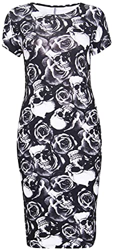 Damen Midi-Kleid mit U-Ausschnitt, figurbetont, Stretch, Flügelärmel, Partykleid, Totenkopf Rose, 42/44 von StyleWear