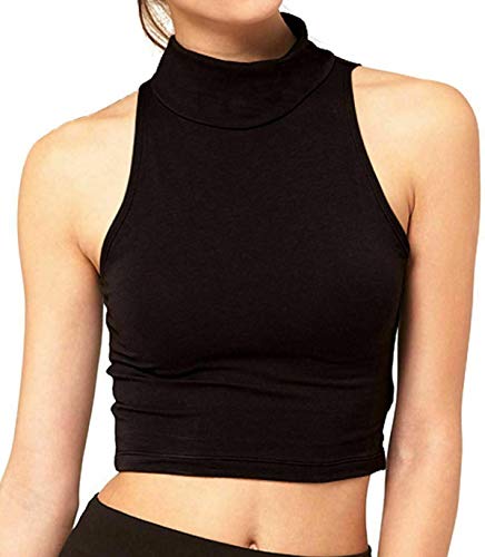 Damen Rollkragen Crop Top Damen Sommer Kurz Einfarbig Bedruckt Ärmelloses Stretch Weste Top, Schwarz , 38-40 von StyleWear