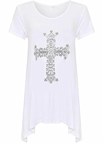 Damen-T-Shirt mit Strasssteinen, Kreuzdruck, Einstecktuch-Saum, Übergröße, kurzärmelig, Stretch-T-Shirt, weiß, 46 Damen-T-Shirt mit Strasssteinen, Kreuzdruck, Einstecktuch-Saum, Übergröße, kurzärmelig, Stretch-T-Shirt, weiß, 46 von StyleWear