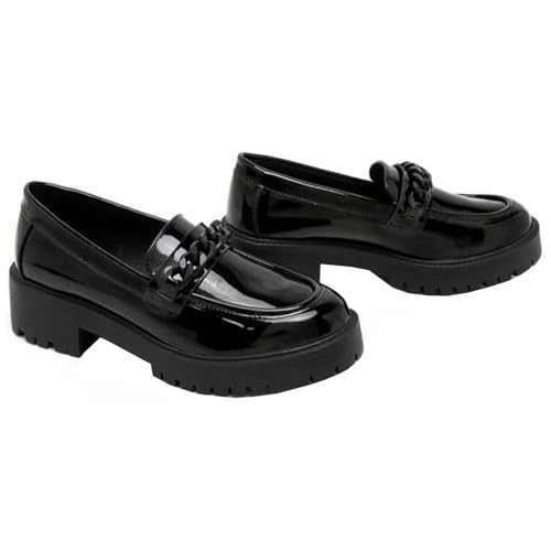 Mädchen Halbschuhe aus Lackleder, Schwarz – Schwarz zur Schulunifrom Slip-On Schuhe mit Kettendetails, rutschfeste Smart Office Schuhe für Teenager, schwarzer lack, 38/38.5 EU von StyleWear
