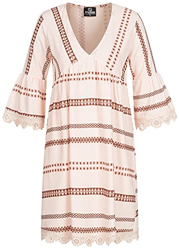 Styleboom Fashion® Damen 3/4 Arm V-Neck Stufenkleid Inka Print Häkelbesatz Creme beige von Styleboom Fashion