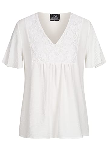Styleboom Fashion Damen V-Neck Blusen Shirt mit Spitze Vokuhila Weiss von Styleboom Fashion Brand
