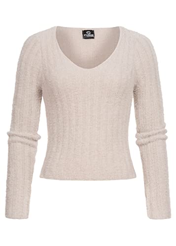 Styleboom Fashion® Damen kurzer V-Neck Fluffy Pullover Kunstfell beige von Styleboom Fashion