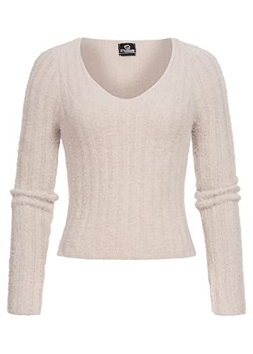 Styleboom Fashion Damen kurzer V-Neck Fluffy Pullover Kunstfell beige von Styleboom Fashion