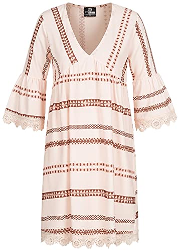 Styleboom Fashion Damen 3/4 Arm V-Neck Stufenkleid Inka Print Häkelbesatz Creme beige von Styleboom Fashion