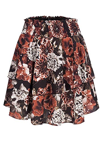 Styleboom Fashion Damen Mini Stufenrock Blumen Muster breiter Bund schwarz rot Weiss von Styleboom Fashion