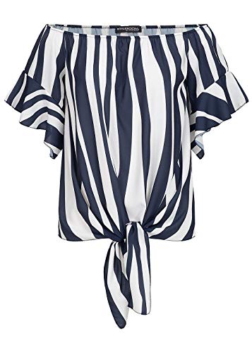 Styleboom Fashion Damen Off-Shoulder Top Streifen Bindedetail vorne Navy Weiss von Styleboom Fashion