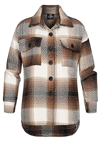 Styleboom Fashion Damen Shacket Hemdjacke Zick Zack Muster 2 Brusttaschen braun von Styleboom Fashion