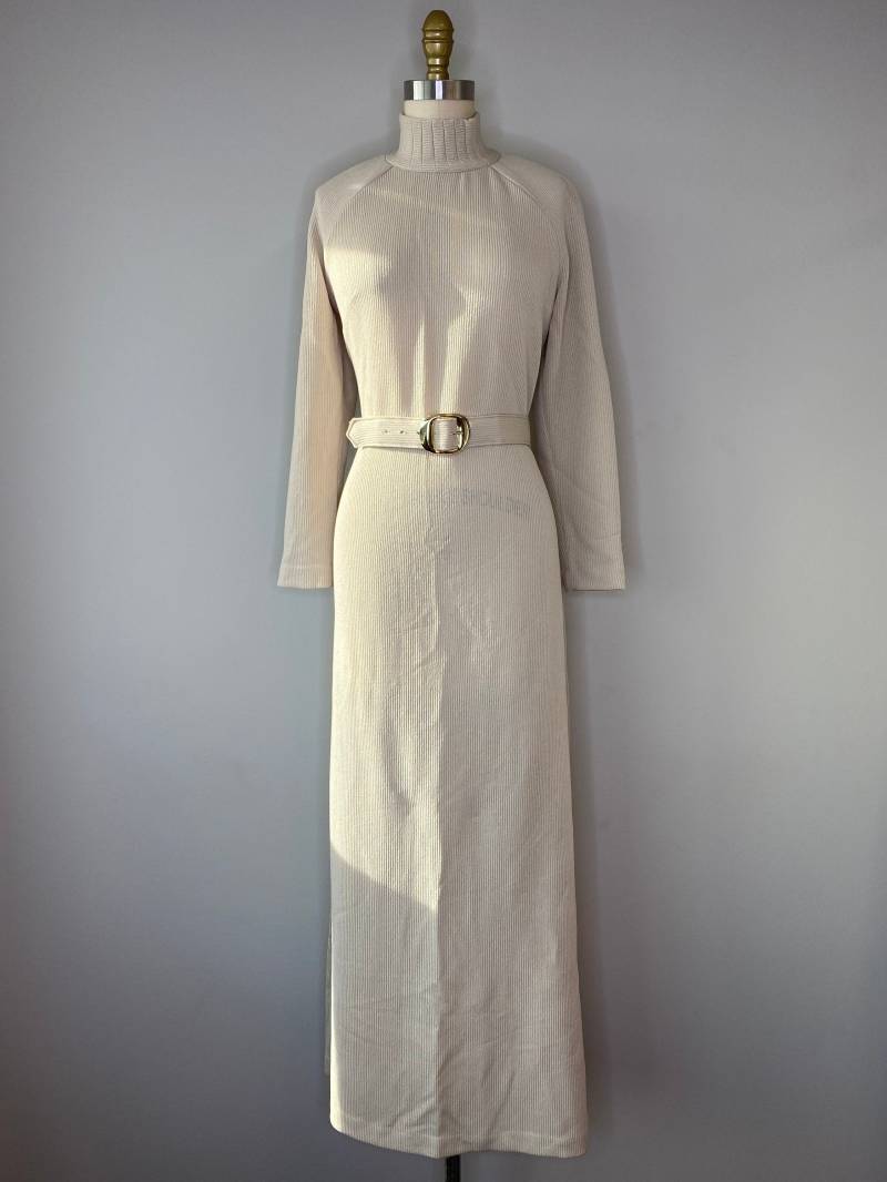 Gürtelkleid Creme Langarm Geripptes Kleid von StylebyRia