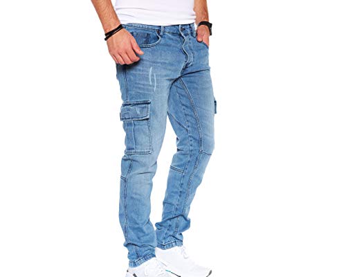 Styleko Herren Cargo Jeans Hose Herren Jeans Hose für Männer Jungen Regular Slim fit Denim Destroyed Jogger Freizeithose Casual Jeans Pants Jeans Herren Stretch| 7 Tasc 8004 (Light Blue- Guertel, 30) von Styleko