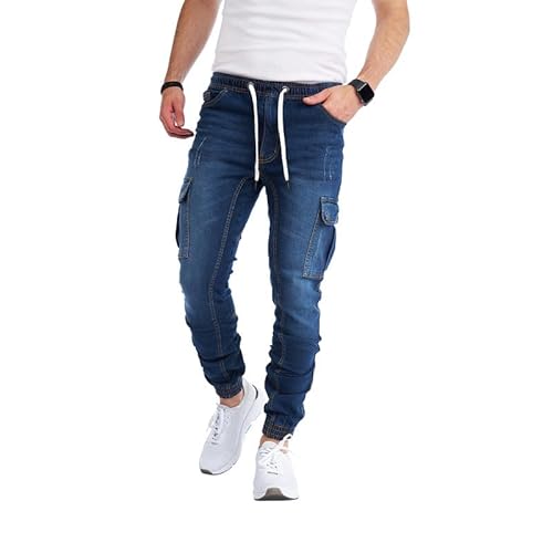 Styleko Herren Cargo Jeans Hose für Männer Jungen Regular Slim Fit Denim Destroyed Jogger Freizeithose Casual Pants Stretch| 8003 (Gold Dark Blue-Elasten, 29/32) von Styleko