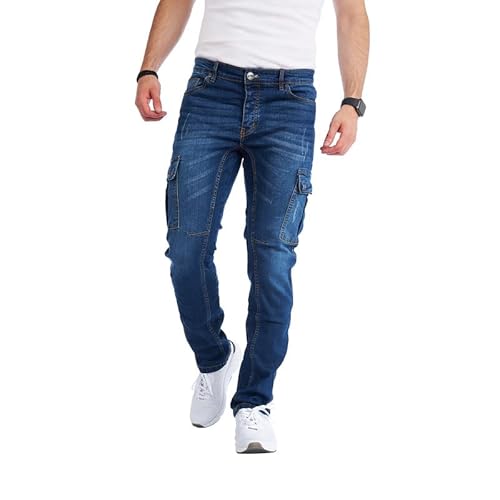 Styleko Herren Cargo Jeans Hose für Männer Jungen Regular Slim Fit Denim Destroyed Jogger Freizeithose Casual Pants Stretch| 8004 (Gold Dark Blue- Guertel, 34) von Styleko