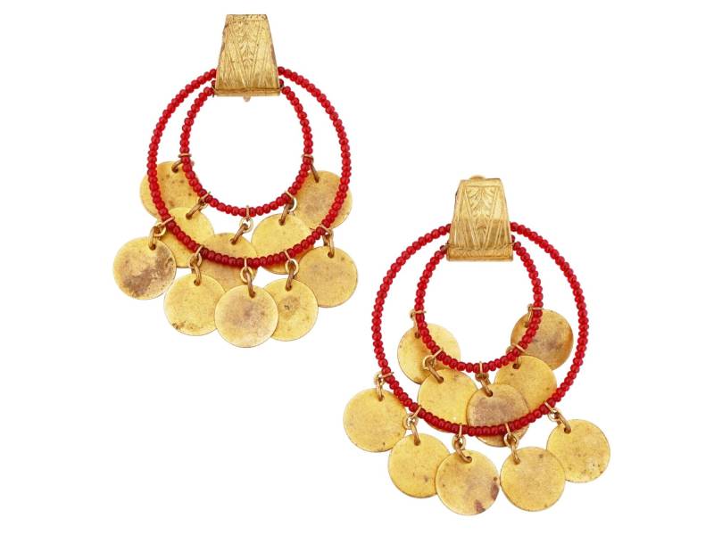 Boho Red Beaded Drop Hoop Statement Ohrringe Mit Messingscheiben Von Miriam Haskell, 1970Er Jahre von Stylemined
