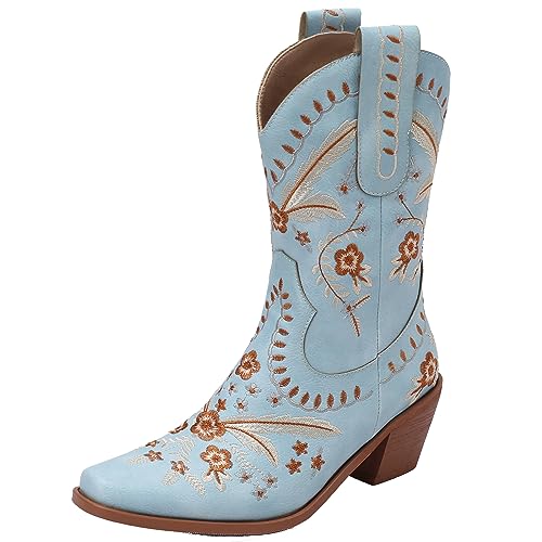 StyliShoes Damen Klassische Cowboystiefel Bestickte Westernstiefel mit Blockabsatz (Blau,38) von StyliShoes