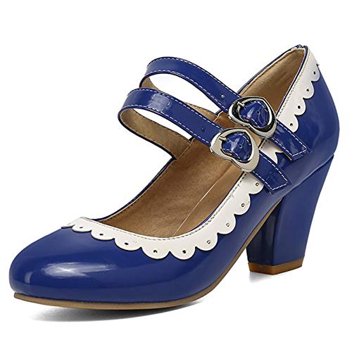 StyliShoes Damen-Pumps mit Knöchelschnalle und Niedrigem Welpenabsatz(Blau,38 EU) von StyliShoes