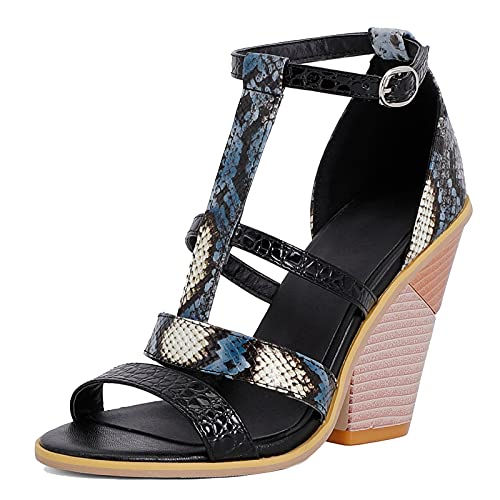 StyliShoes Damen Sandalen mit Keilabsatz und T-Riemen und Schlangenmotiven für den Sommer(Blau,46 EU) von StyliShoes