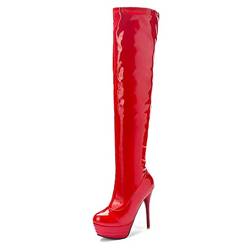 StyliShoes Damen Sexy Plateau Over Knee Stiefel mit Stiletto Absatz (Rot, 38 EU) von StyliShoes