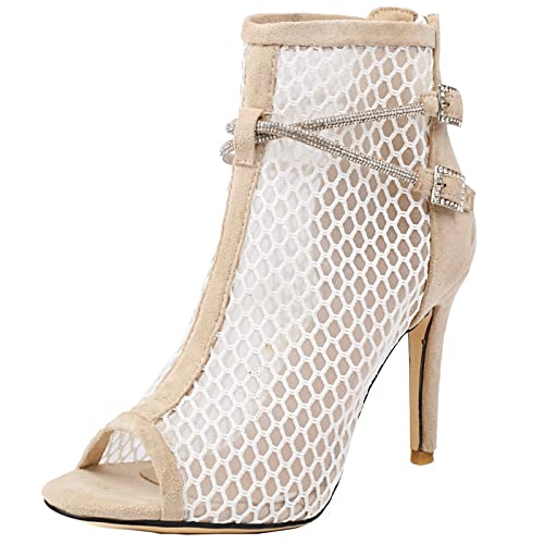 StyliShoes Damen Stiletto Kurze Stiefel mit Offener Zehe und Strassträgern für den Sommer (Beige,38) von StyliShoes