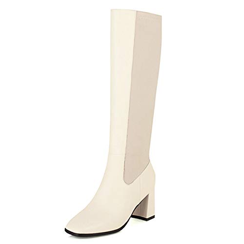 StyliShoes Elastische Kniehohe Stiefel für Frauen mit Dickem Absatz und Reißverschluss Hinten (Weiß, 44EU) von StyliShoes