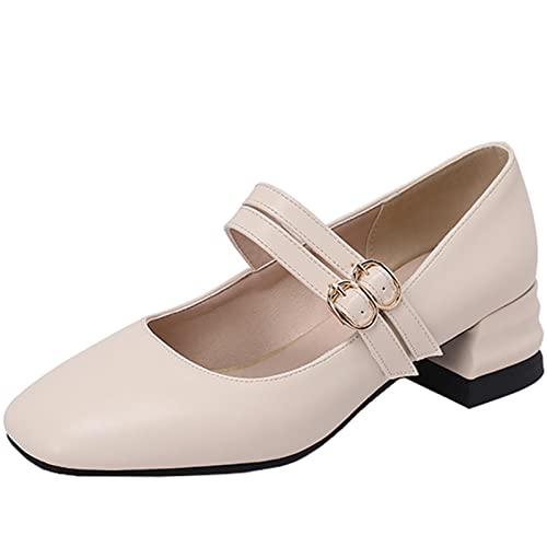 StyliShoes Frauen Kleid Schuhe Sweet Klobige Ferse Mary Jane Schuhe mit quadratischer Spitze (Beige,40) von StyliShoes