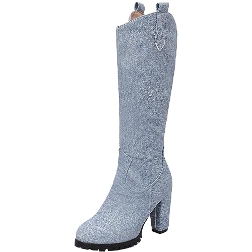StyliShoes Lässige Kniehohe Stiefel mit Blockabsatz und Reißverschluss für Damen (Hellblau,37) von StyliShoes
